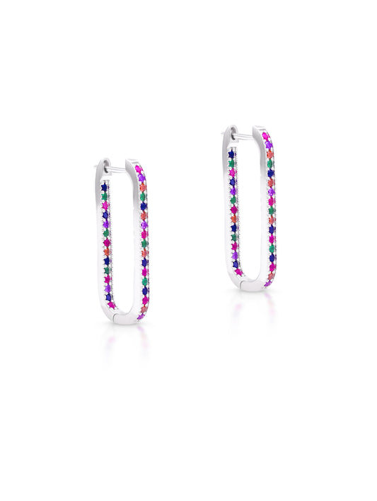 Multi-Color Stone Rectangle Hoop Earrings – Elegant Silver Plated Minimal Jewelry