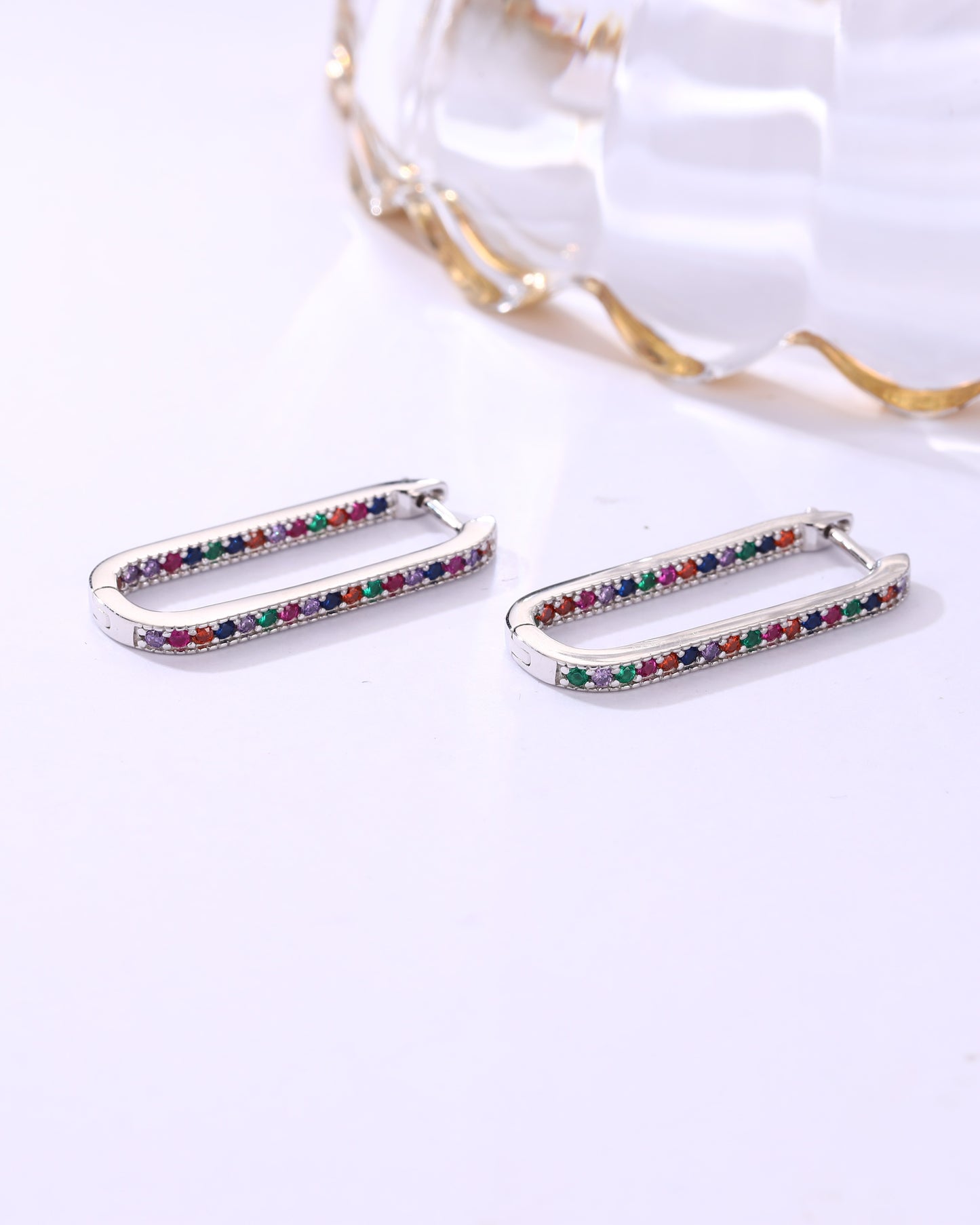 Multi-Color Stone Rectangle Hoop Earrings – Elegant Silver Plated Minimal Jewelry