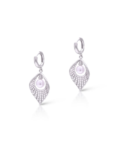 Elegant Pearl Drop Hoop Earrings – Silver Plated