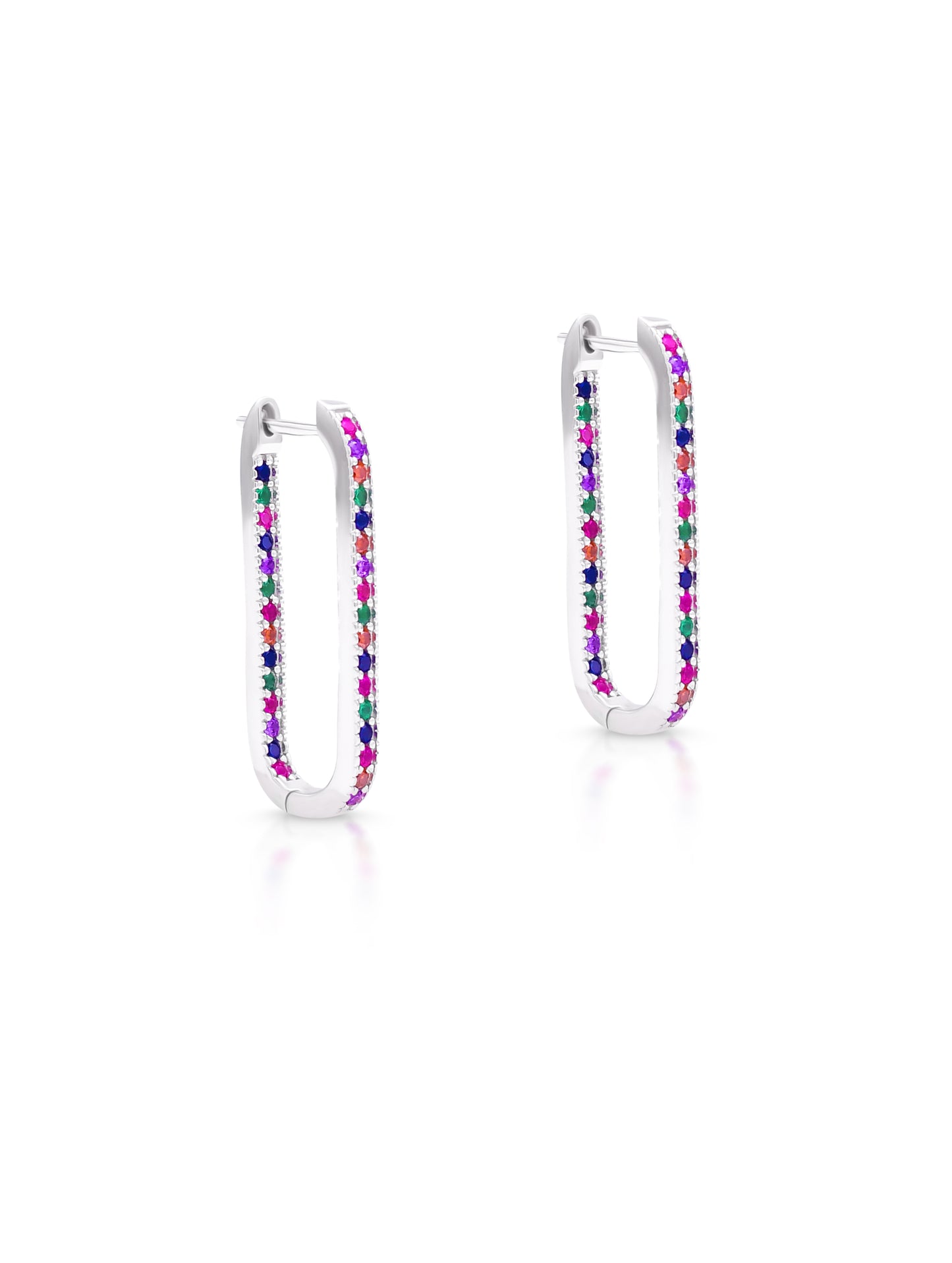 Multi-Color Stone Rectangle Hoop Earrings – Elegant Silver Plated Minimal Jewelry