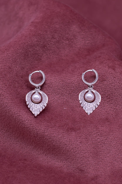 Elegant Pearl Drop Hoop Earrings – Silver Plated