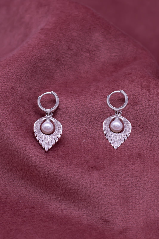 Elegant Pearl Drop Hoop Earrings – Silver Plated