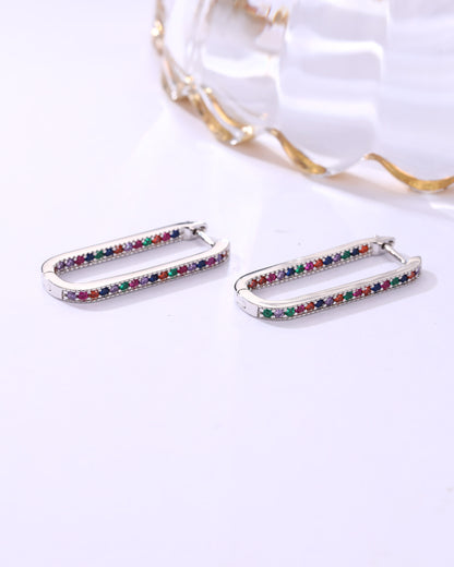 Multi-Color Stone Rectangle Hoop Earrings – Elegant Silver Plated Minimal Jewelry