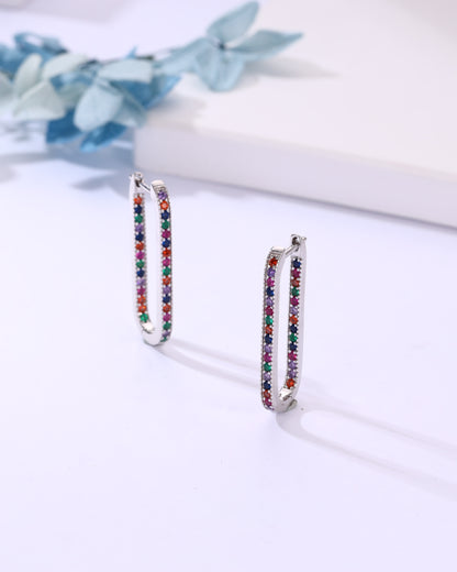 Multi-Color Stone Rectangle Hoop Earrings – Elegant Silver Plated Minimal Jewelry