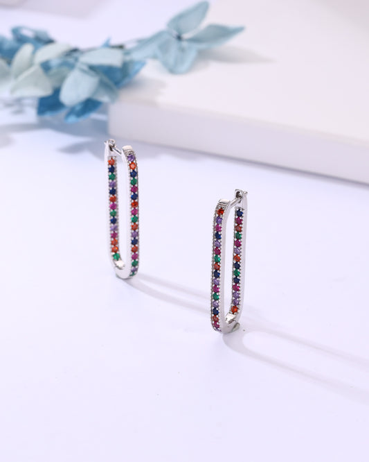 Multi-Color Stone Rectangle Hoop Earrings – Elegant Silver Plated Minimal Jewelry